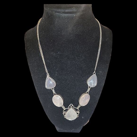 Vintage Silver Tone Pale Pink Translucent Quartz Cabochon Statement Necklace 16" - Picture 2 of 8